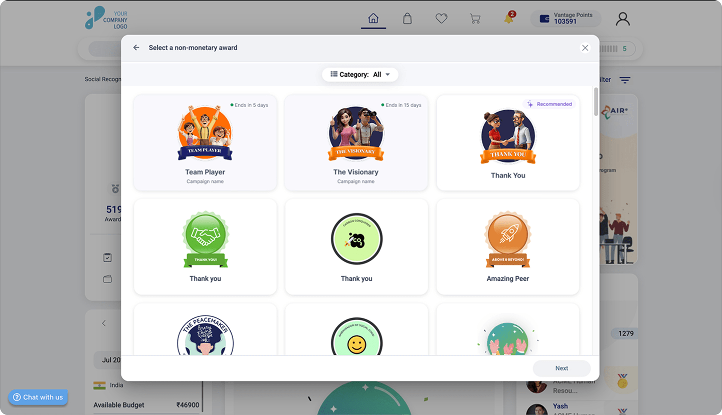 Écran du catalogue de badges de Vantage Recognition affichant plusieurs options de badges de reconnaissance pour les employés