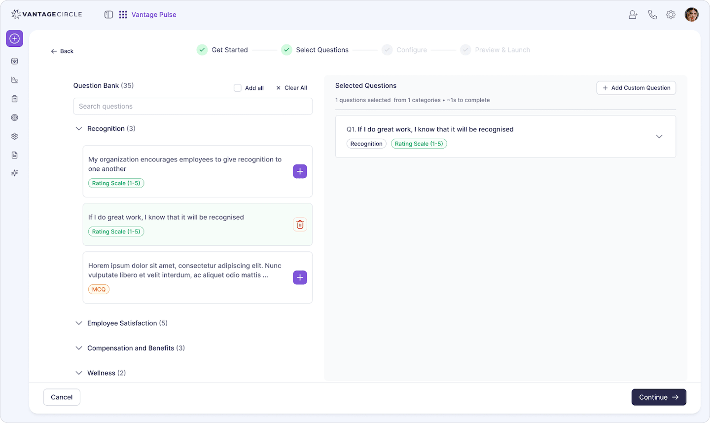 Vantage Pulse custom survey builder workflow step one