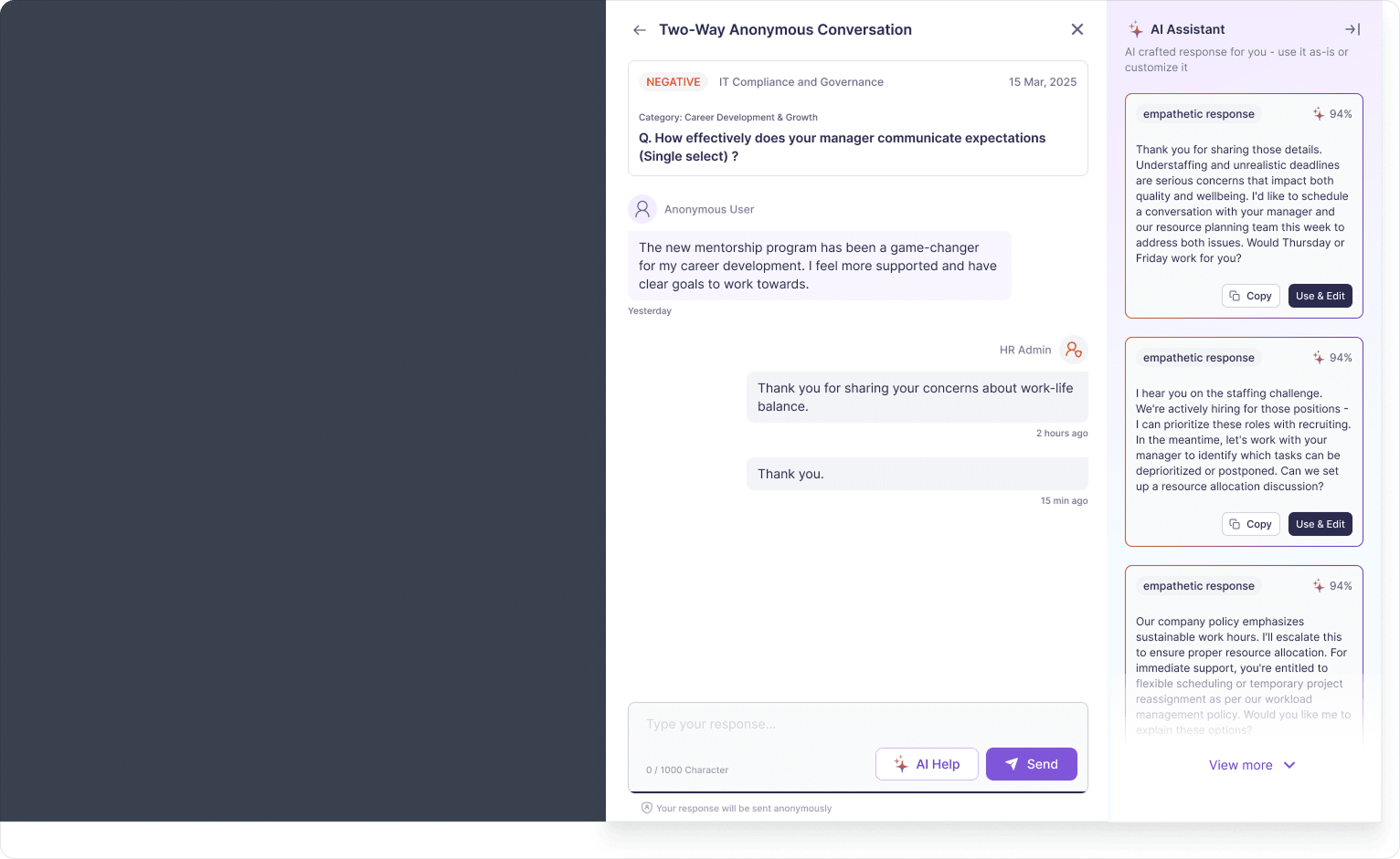 Vantage Pulse anonymous response interface showing the anonymity assurance employees see as they answer.