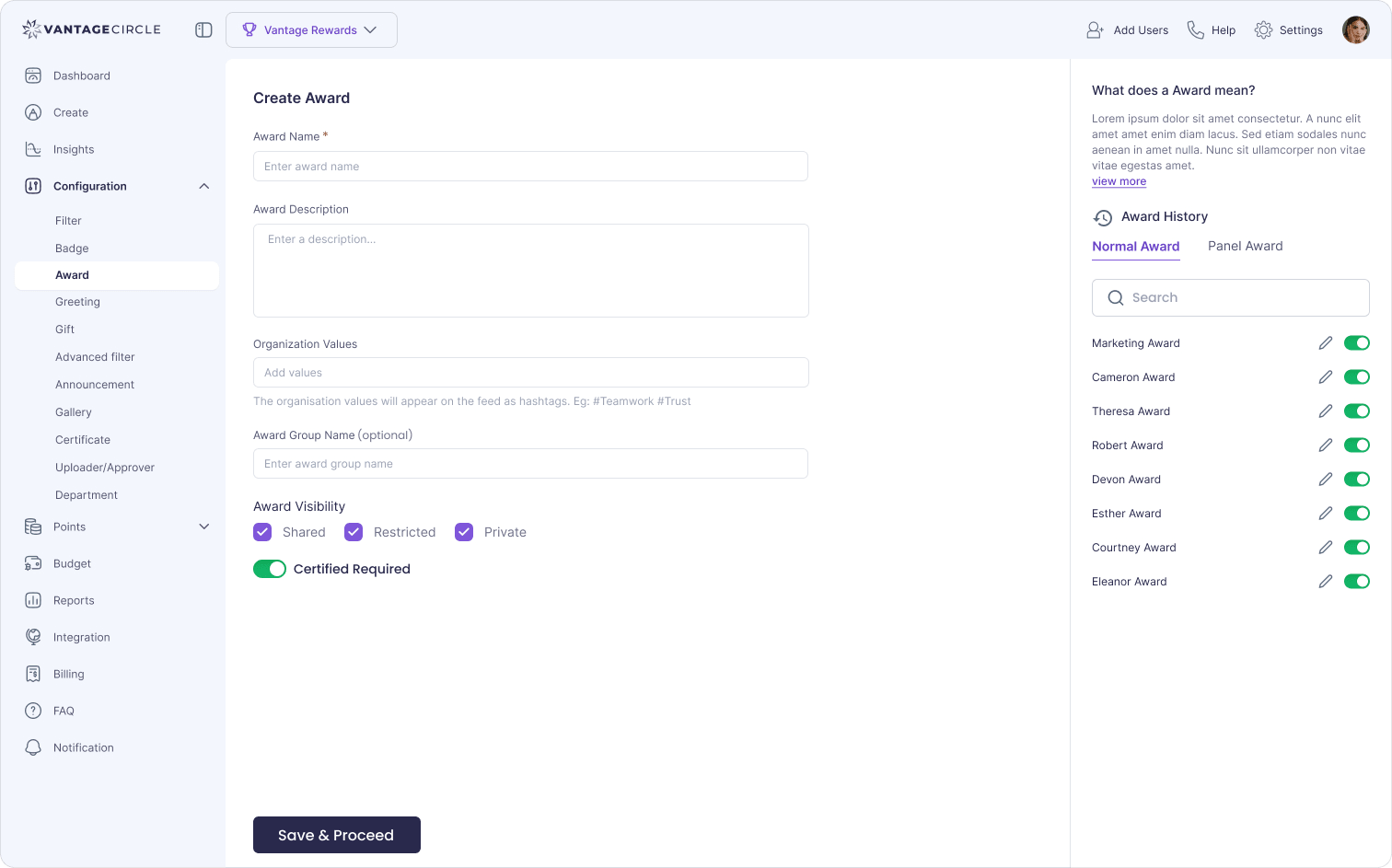 Vantage Rewards award panel creation screen showing award definition inputs and eligibility criteria.