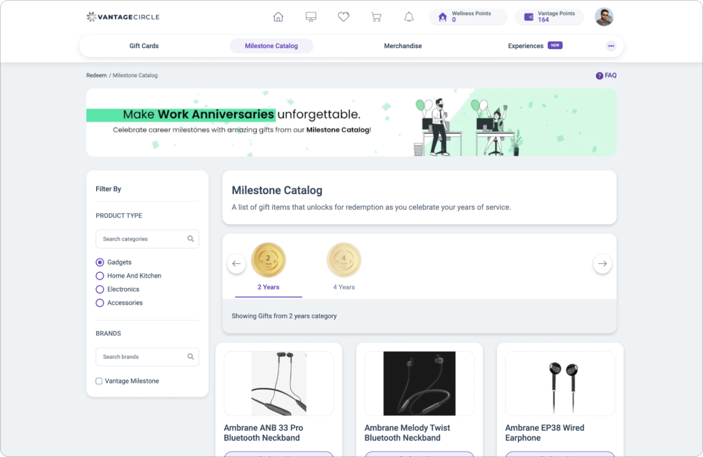 Vantage Rewards milestone catalog showing anniversary reward categories for employee recognition