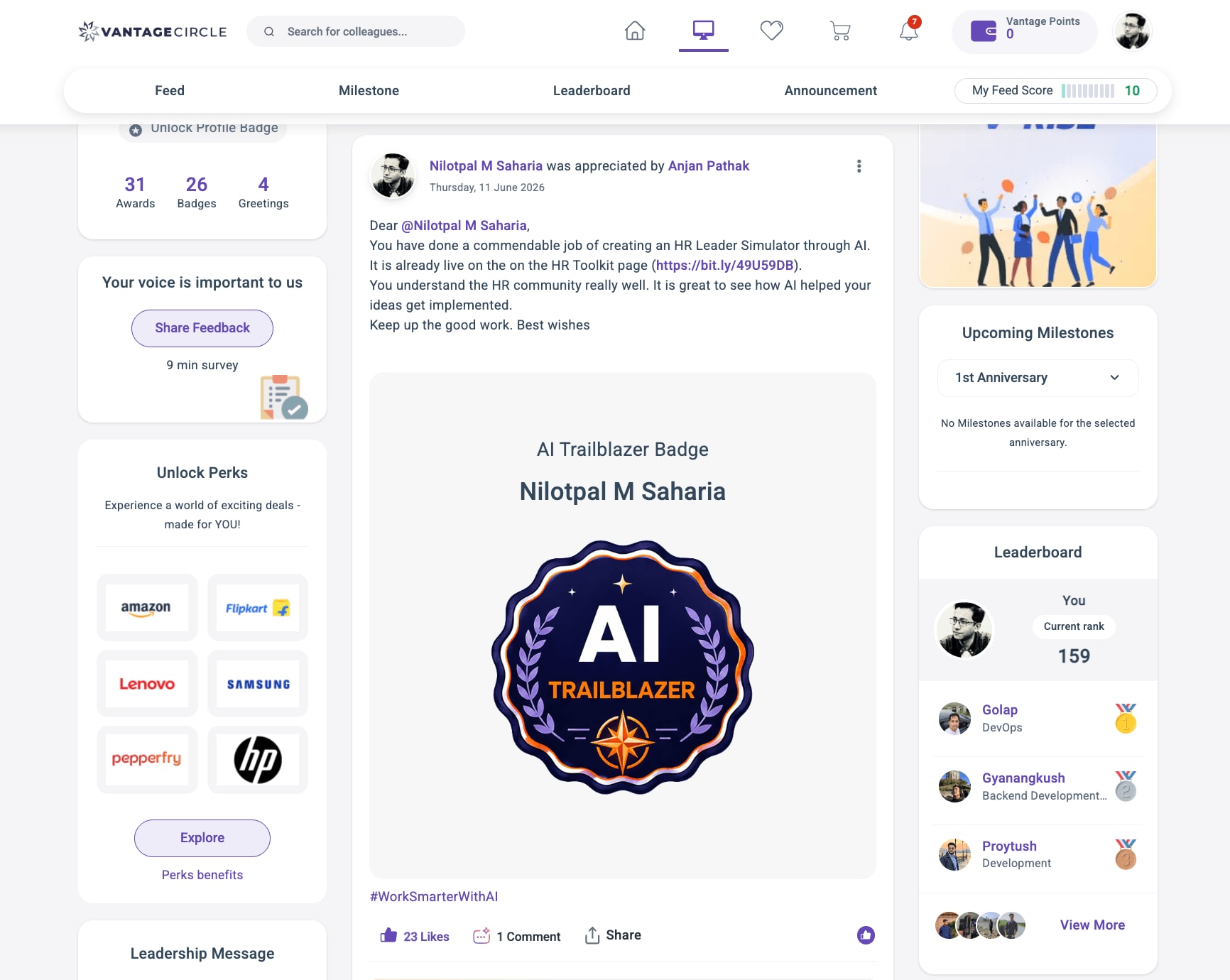 Vantage Circle Recognition platform showing a positive feedback example posted to the recognition feed