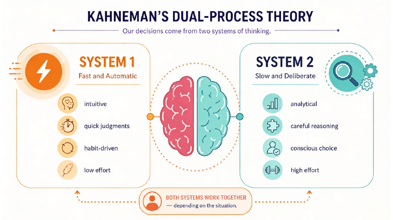 Kahneman dual-process theory diagram showing System 1 fast thinking and System 2 deliberate thinking.