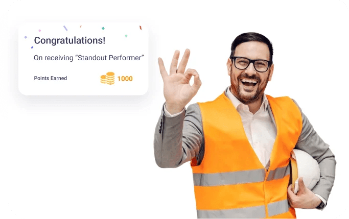 Vantage Circle recognition platform showing an instant recognition notification for a Standout Performer award with points earned