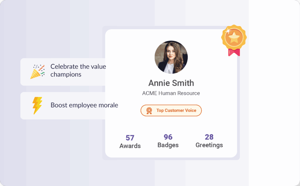 Activity-Based Profile Badges — employee profile card showing awards, badges, and greetings