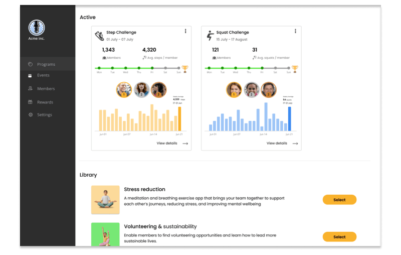 Reaction Club fitness challenge app interface