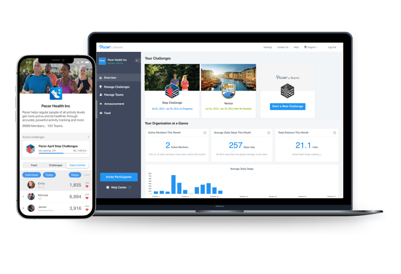 Pacer for Teams step tracking app interface
