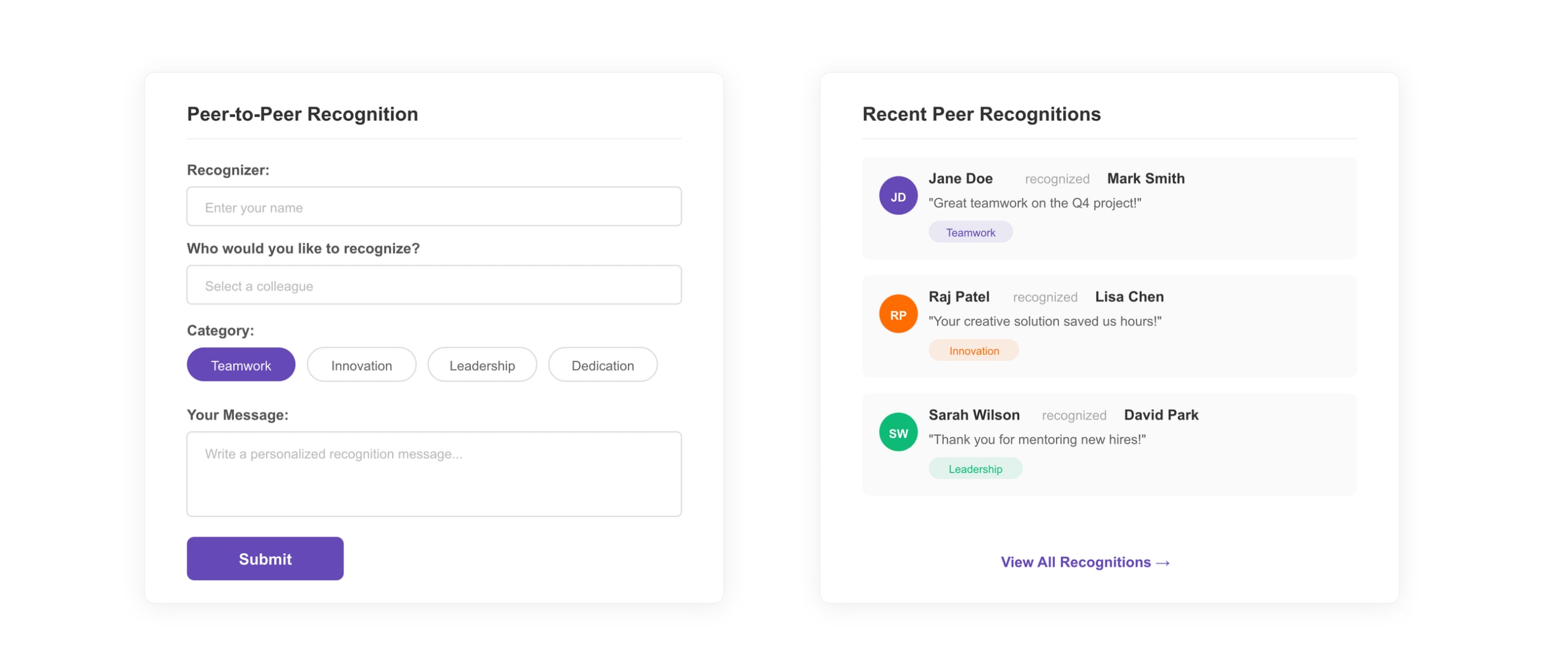 Vantage Circle peer-to-peer recognition message template examples for HR teams