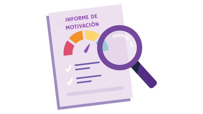 Informe de motivación laboral con lupa que analiza los resultados de la encuesta