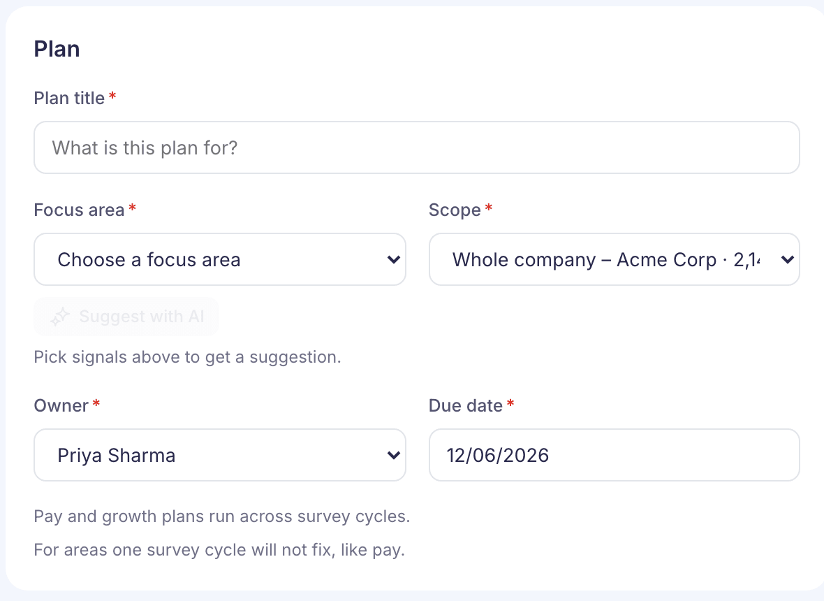 The Plan section of New plan, with Plan title, Focus area, Scope set to Whole company, Owner and a Due date of 12/06/2026