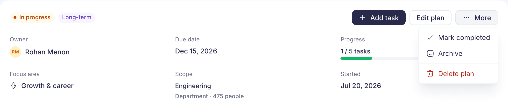 The top of a plan's page, with In progress and Long-term tags, the Add task, Edit plan and More buttons, and the More menu open on Mark completed, Archive and Delete plan