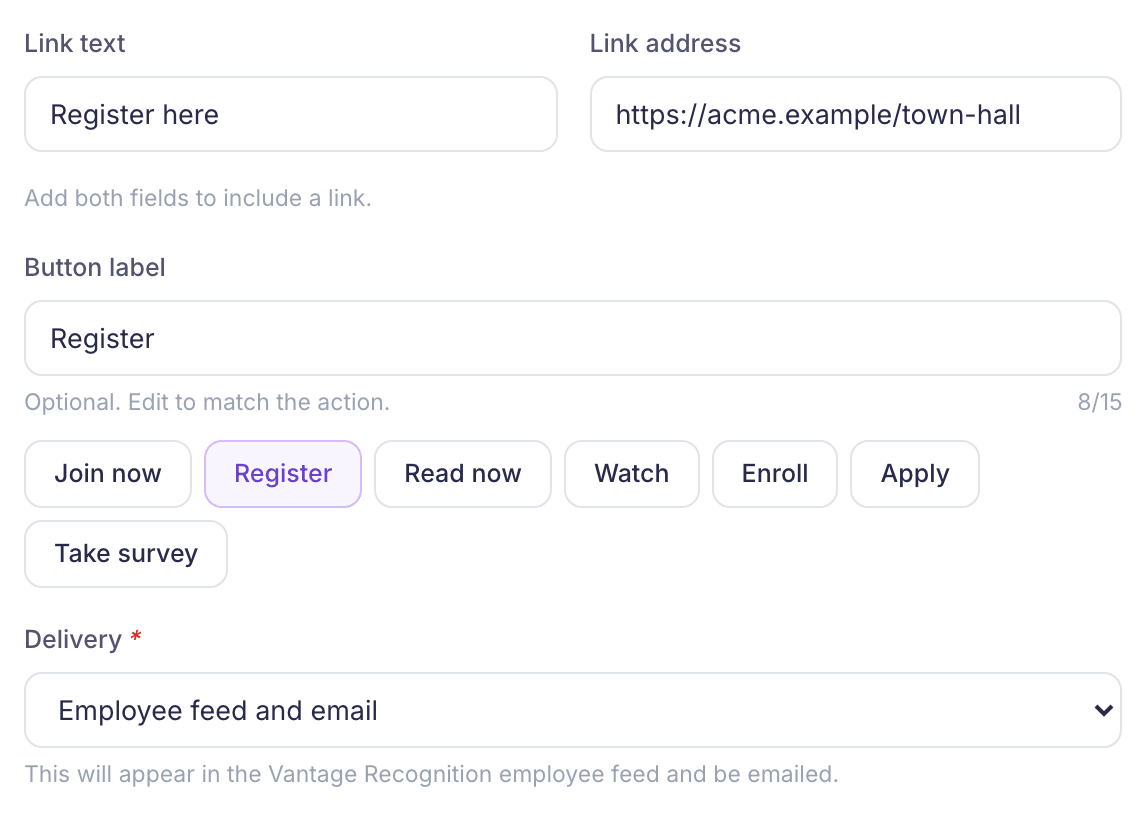 Link text Register here, a link address, the Register button label picked, and Delivery set to Employee feed and email