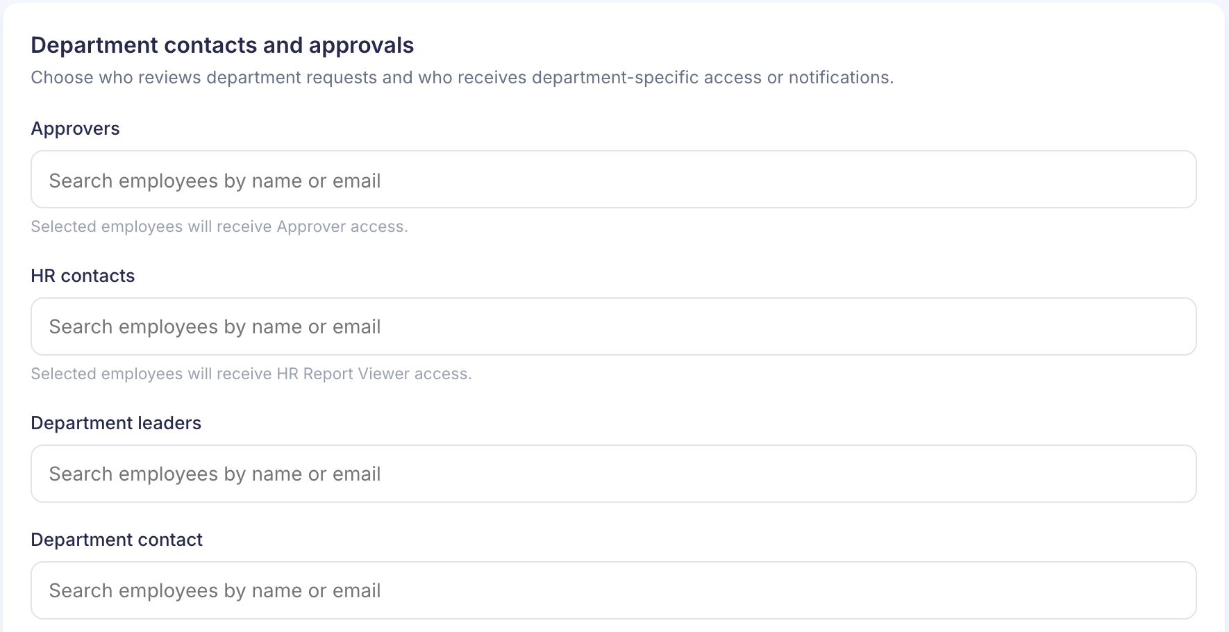 The Department contacts and approvals card with Approvers, HR contacts, Department leaders and Department contact, each with a search box