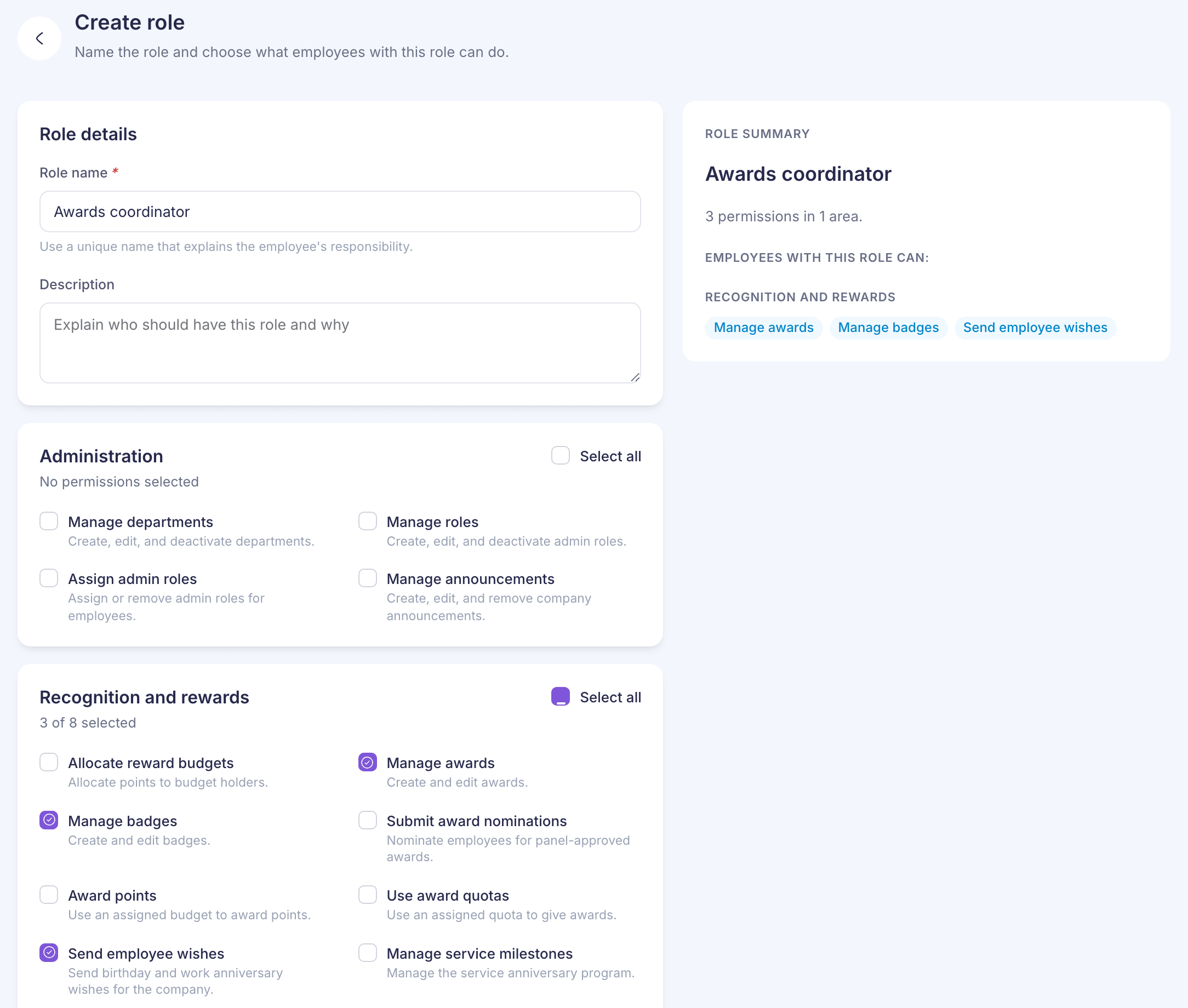 Create role with Awards coordinator as the name, three Recognition and rewards permissions ticked and the role summary on the right