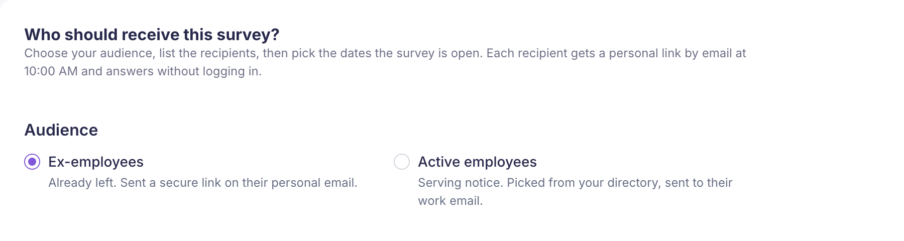The Recipients step with the Audience choice, Ex-employees selected and Active employees beside it