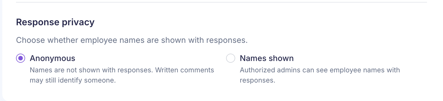 The Response privacy section of the Employees step, with Anonymous selected and Names shown beside it
