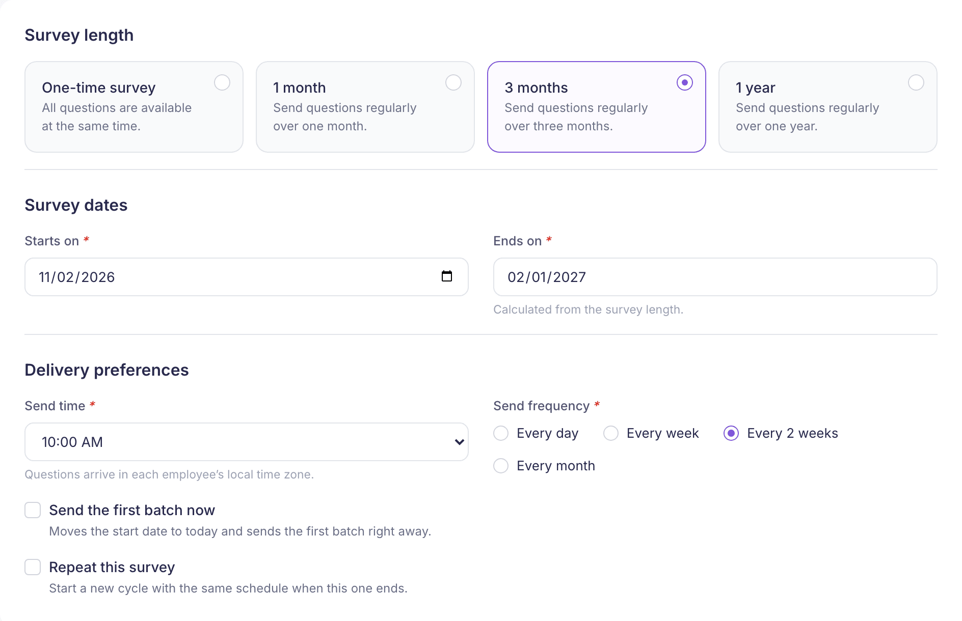 The Schedule step with 3 months and Every 2 weeks selected, and the Send the first batch now and Repeat this survey checkboxes