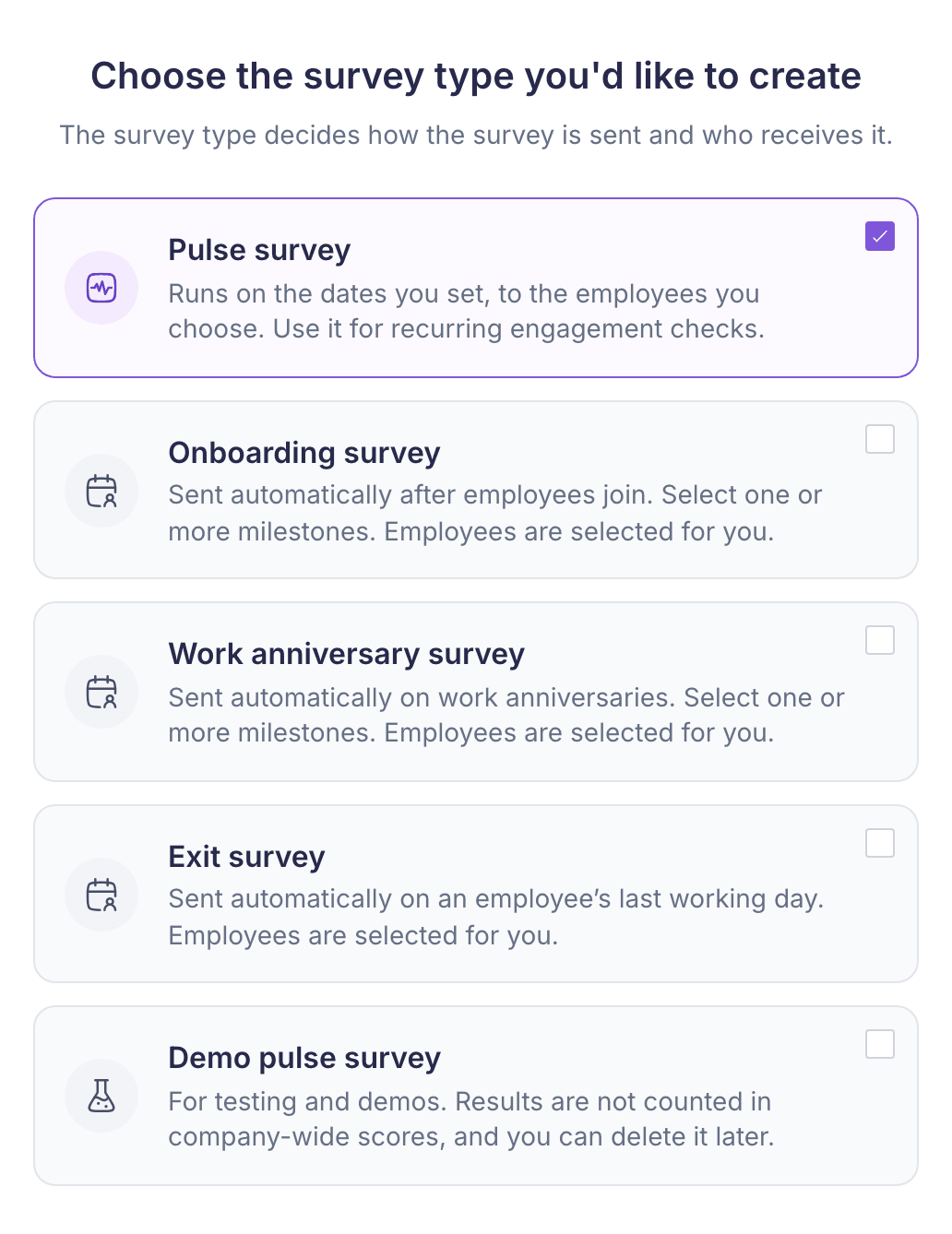 The survey type choice, with Pulse survey selected above Onboarding survey, Work anniversary survey, Exit survey and Demo pulse survey