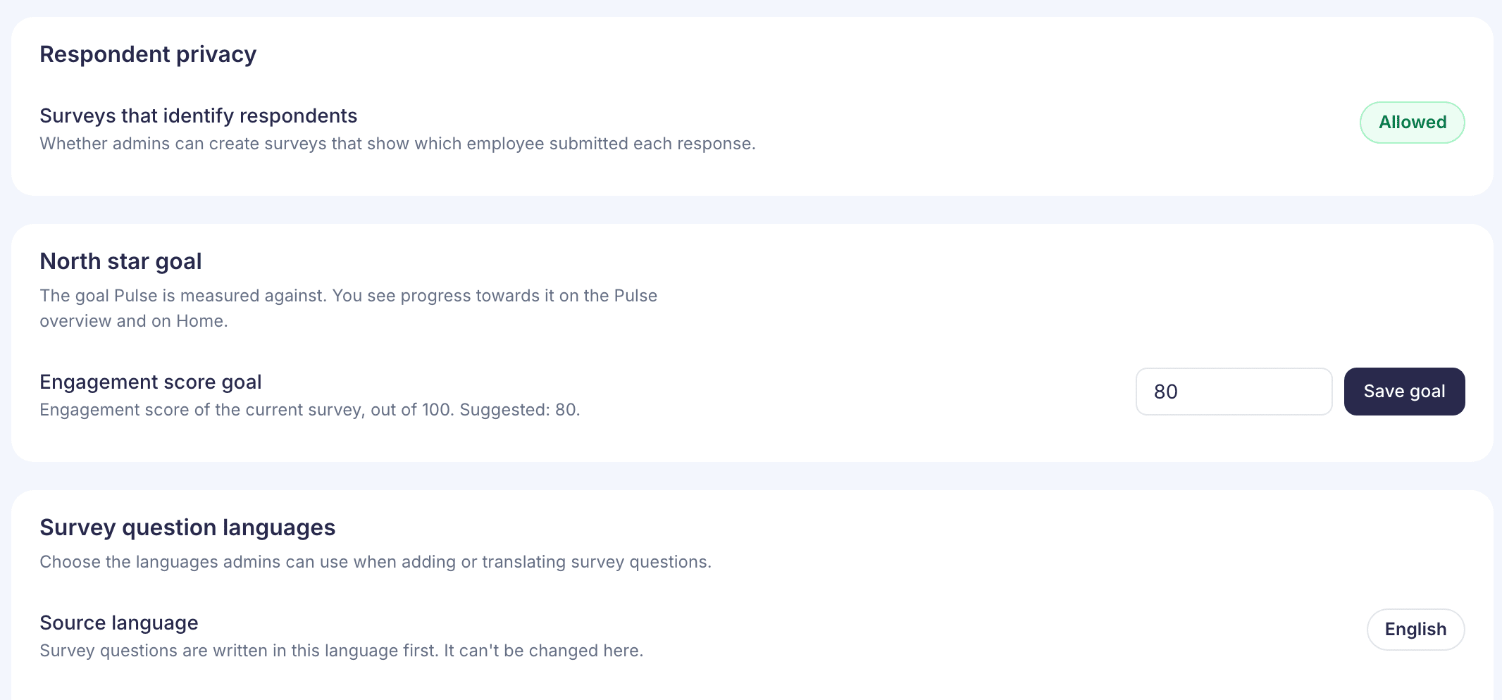 Pulse Settings with Respondent privacy, North star goal and Survey question languages