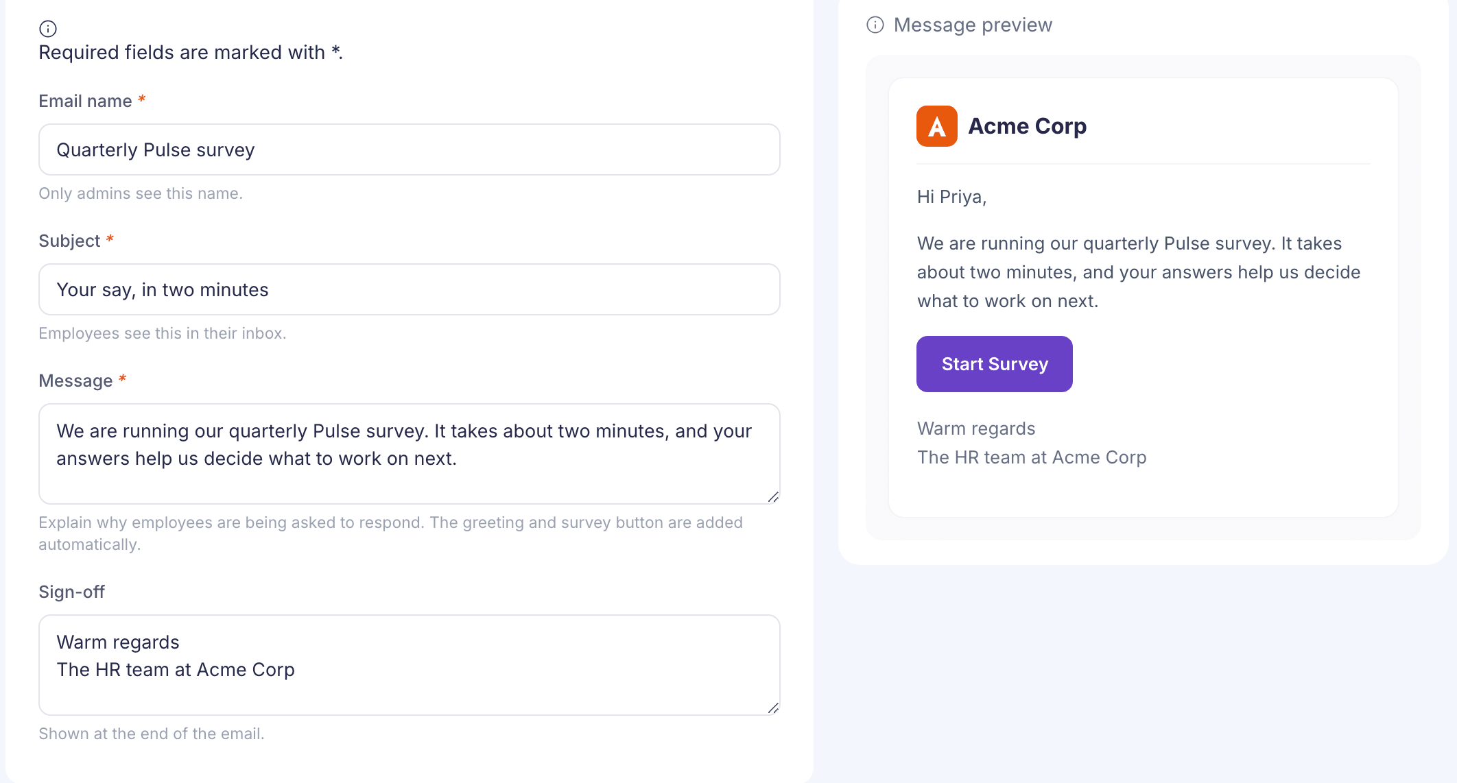 The Create email form filled in, with the Message preview showing the greeting, the message, a Start Survey button and the sign-off