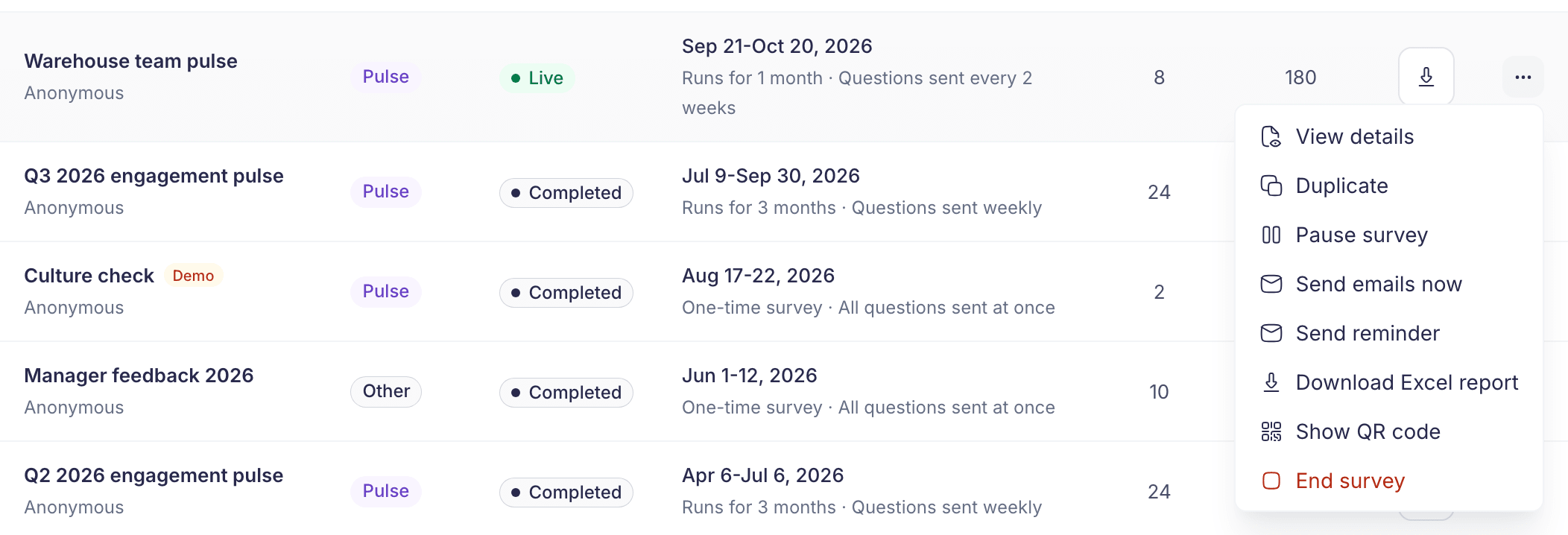 The action menu of a live survey, with View details, Duplicate, Pause survey, Send emails now, Send reminder, Download Excel report, Show QR code and End survey