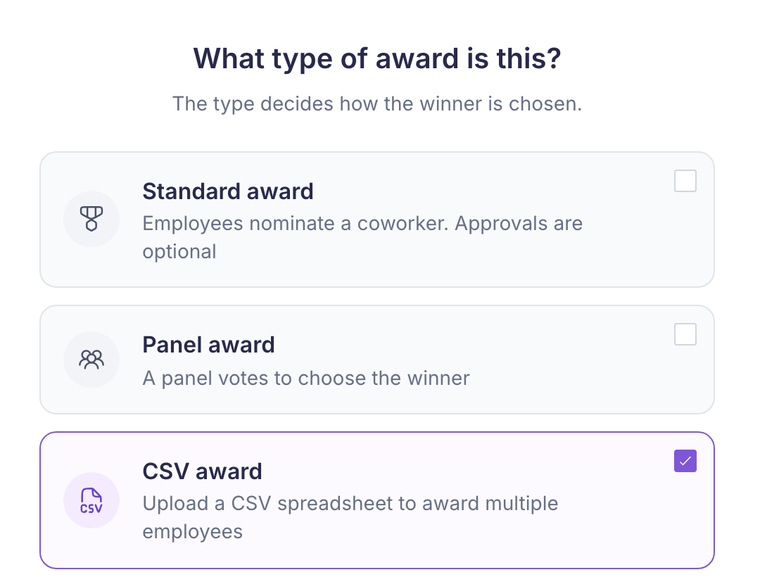 The award type choice with CSV award selected below Standard award and Panel award