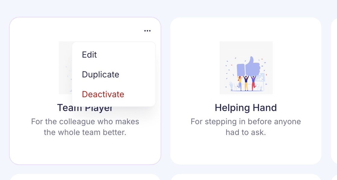 The menu on the Team Player badge card, showing Edit, Duplicate and Deactivate