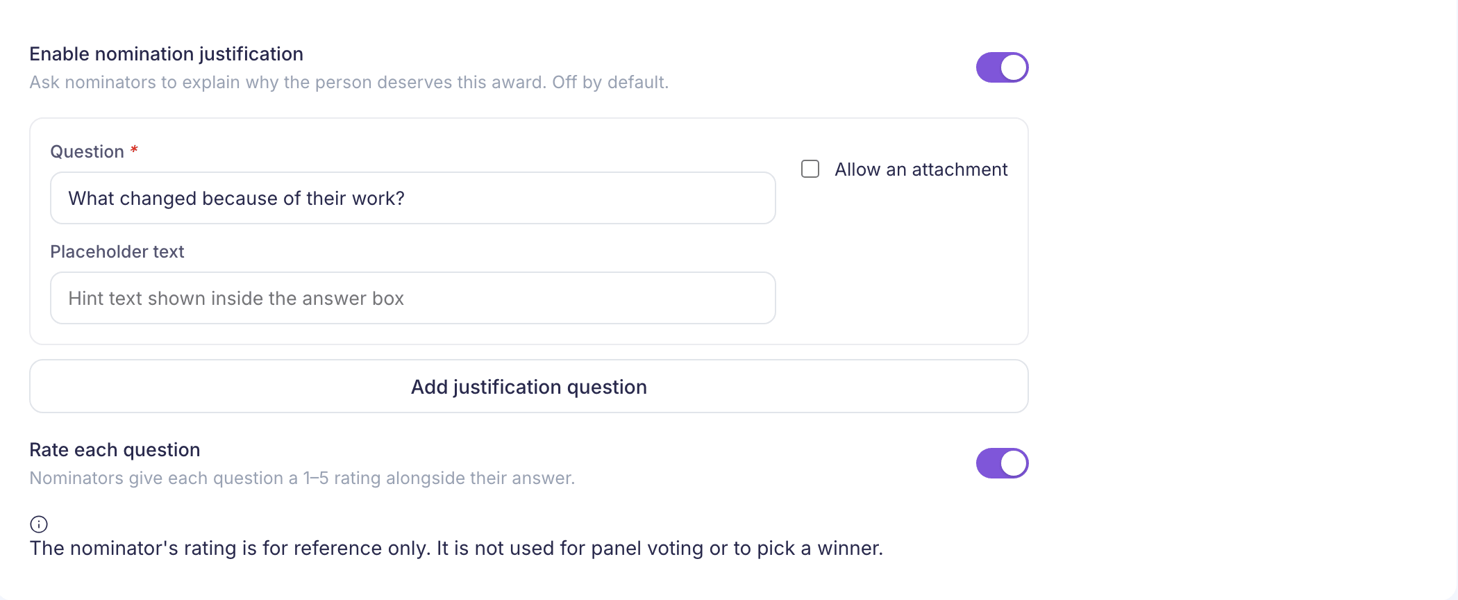Nomination justification turned on, with one question and Rate each question turned on