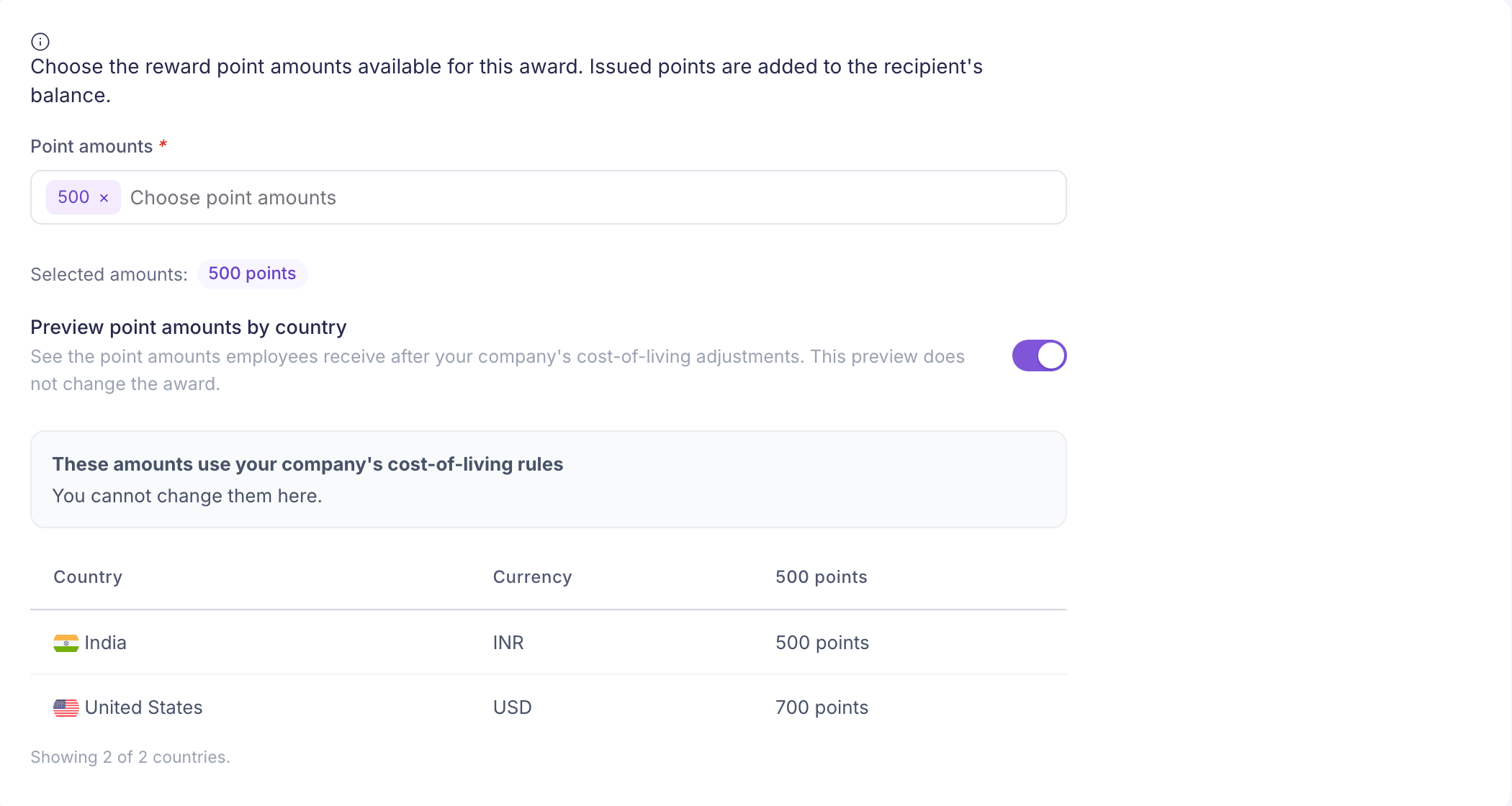 The Reward points step with 500 points selected and the country preview showing 500 points in India and 700 in the United States