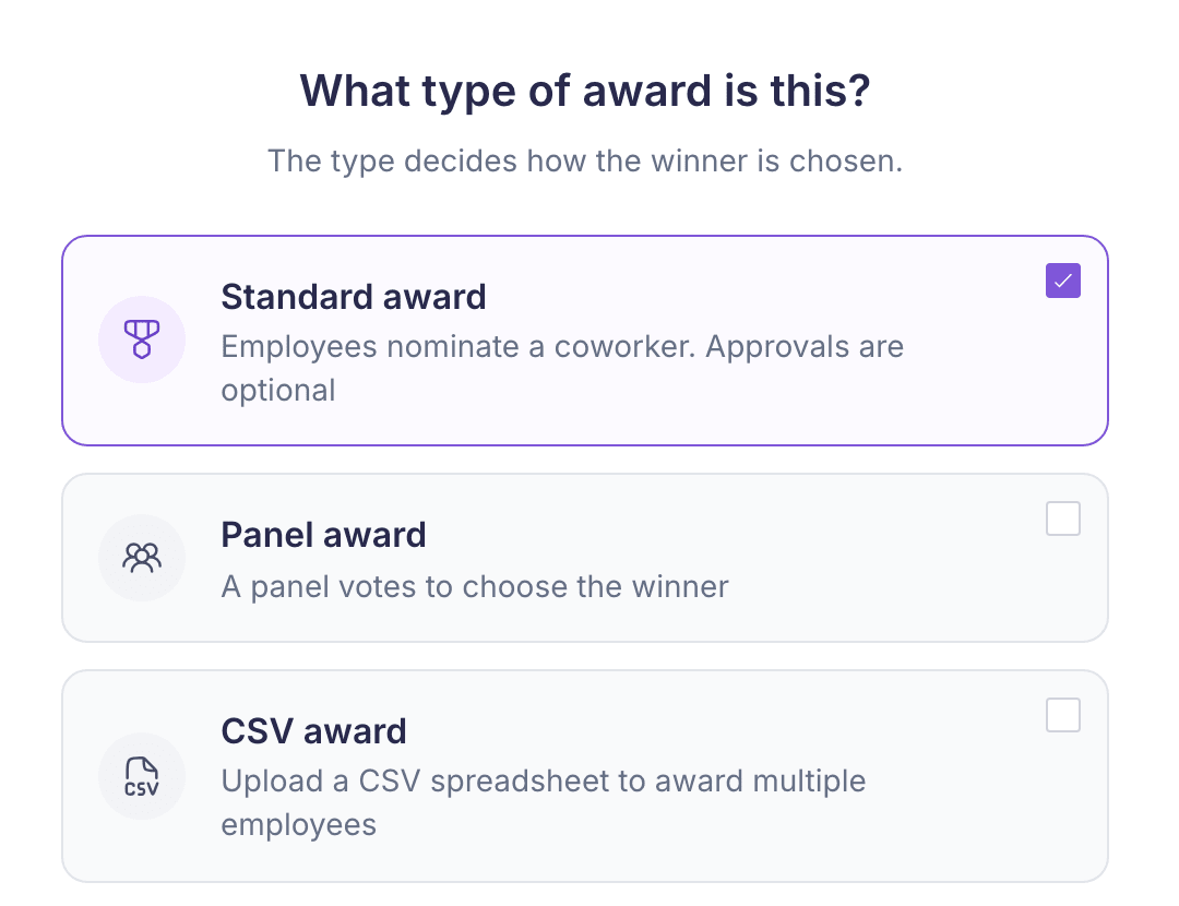 The award type choice, with Standard award selected above Panel award and CSV award