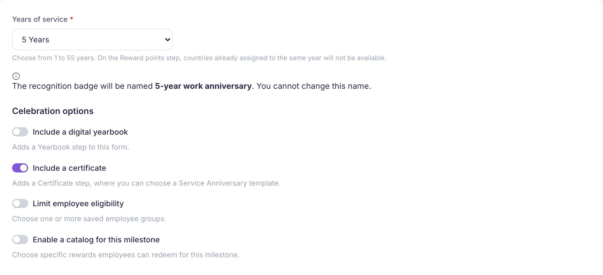 The Years of service step with 5 years chosen, the badge named 5-year work anniversary and Include a certificate turned on