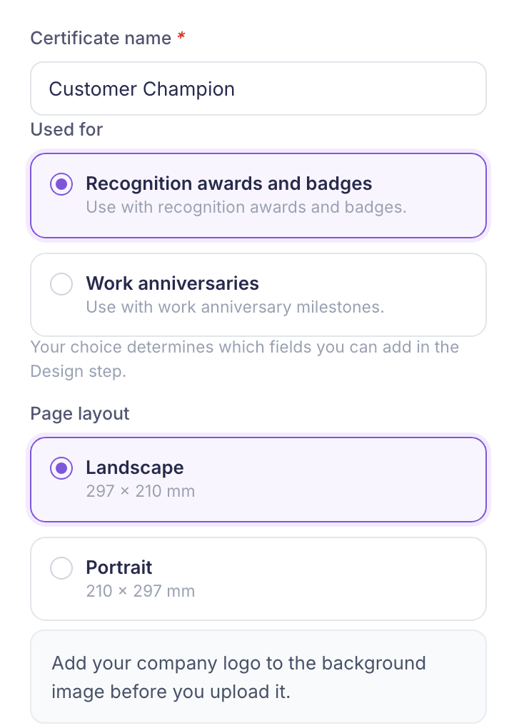 The Details step with Customer Champion as the name, Recognition awards and badges selected under Used for and Landscape selected under Page layout