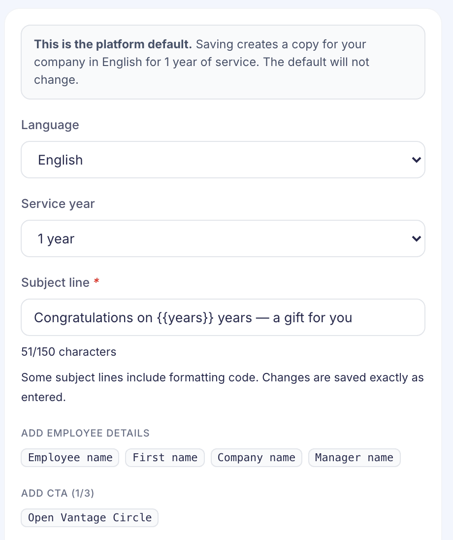 The email editor's settings: the platform default note, English and 1 year chosen, the subject line and the employee detail chips
