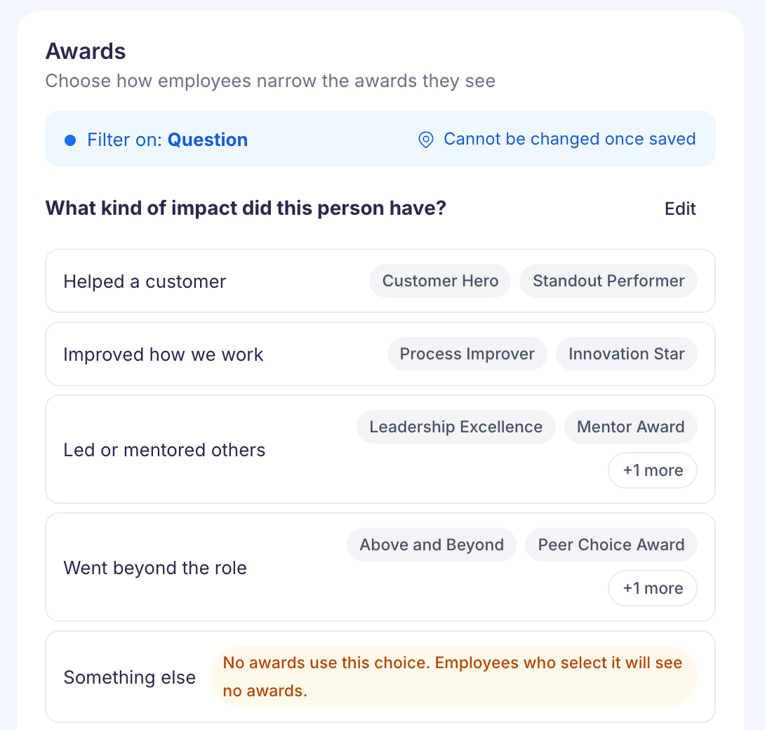 The Awards panel filtered on a question, with each answer showing the awards it leads to and a warning that no awards use the answer Something else