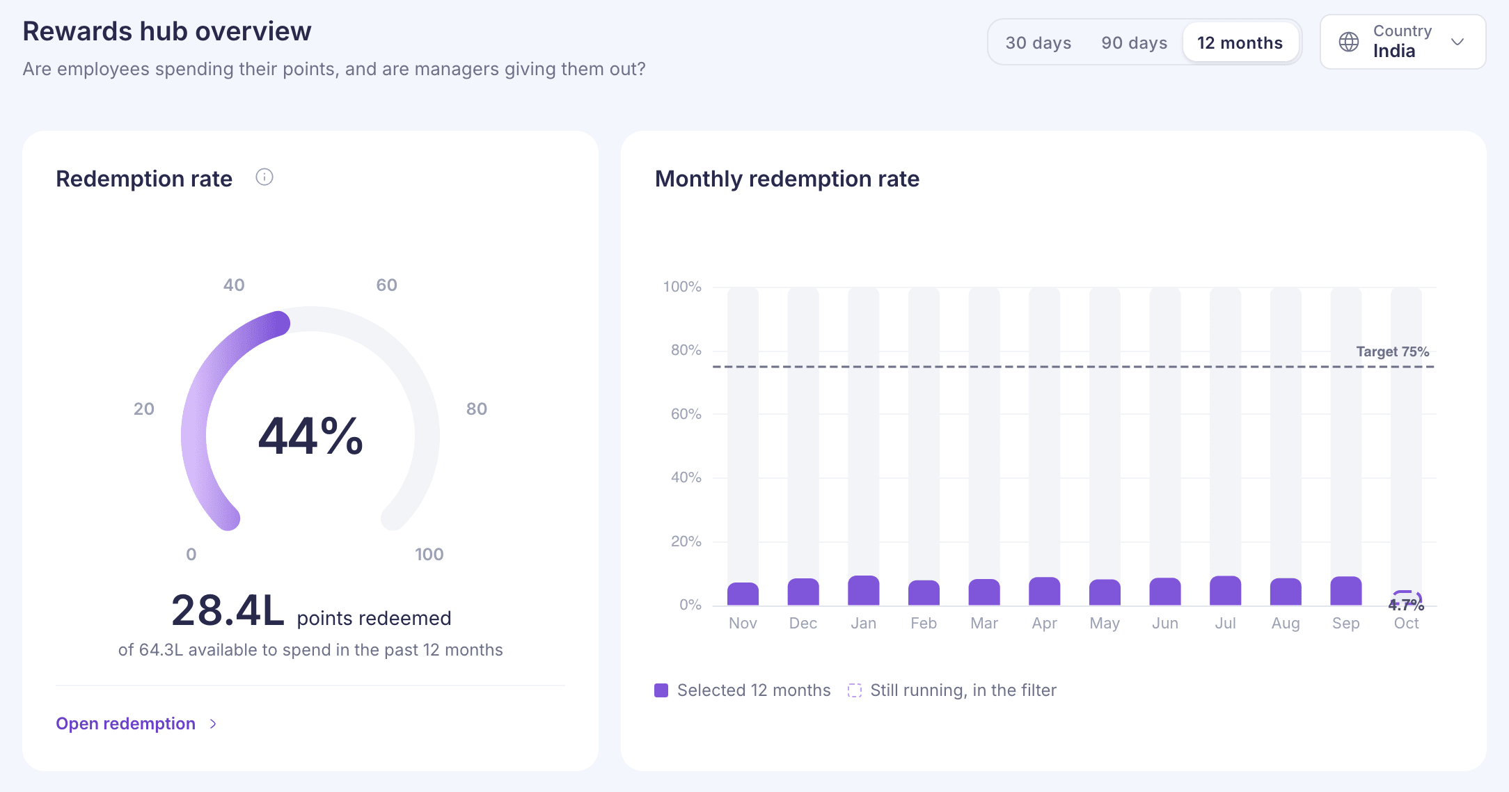The overview with 12 months and India selected: a redemption rate of 44%, 28.4L points redeemed of 64.3L available to spend, and twelve monthly bars against a 75% target