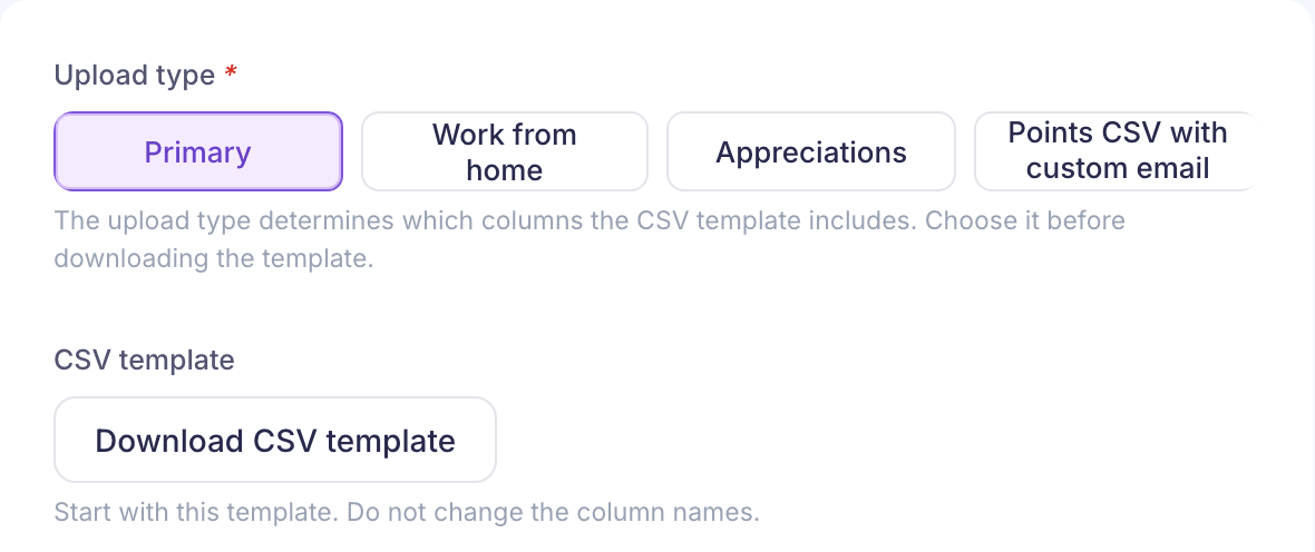 The Upload type choice with Primary selected, above the Download CSV template button