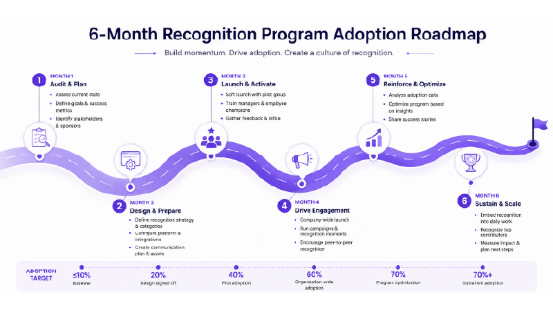 6-Month Recognition Program Adoption Roadmap: month-by-month phases from Audit to Measure with adoption rate targets