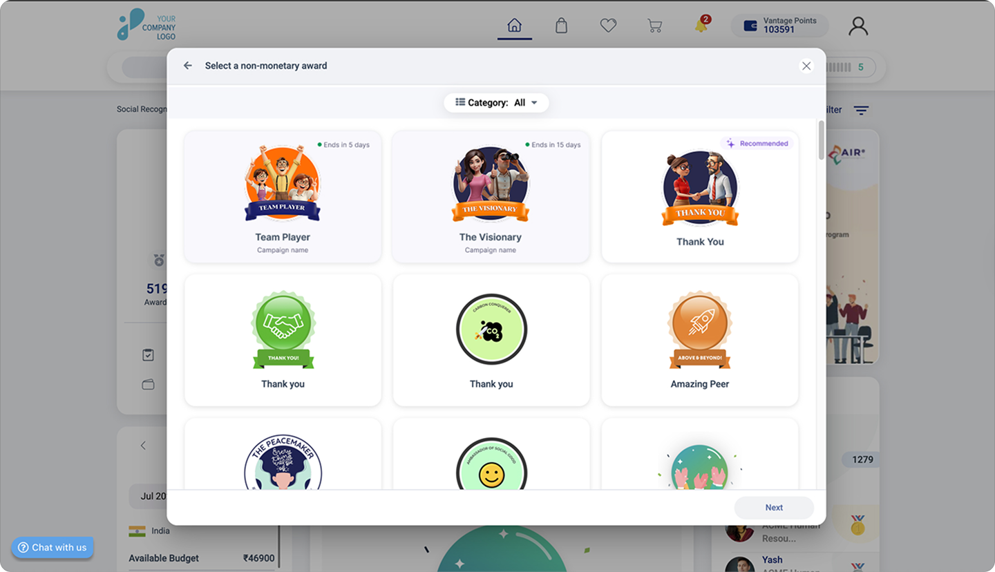 Vantage Rewards non-monetary award catalog showing badges such as Team Player, The Visionary, Thank You, and Amazing Peer