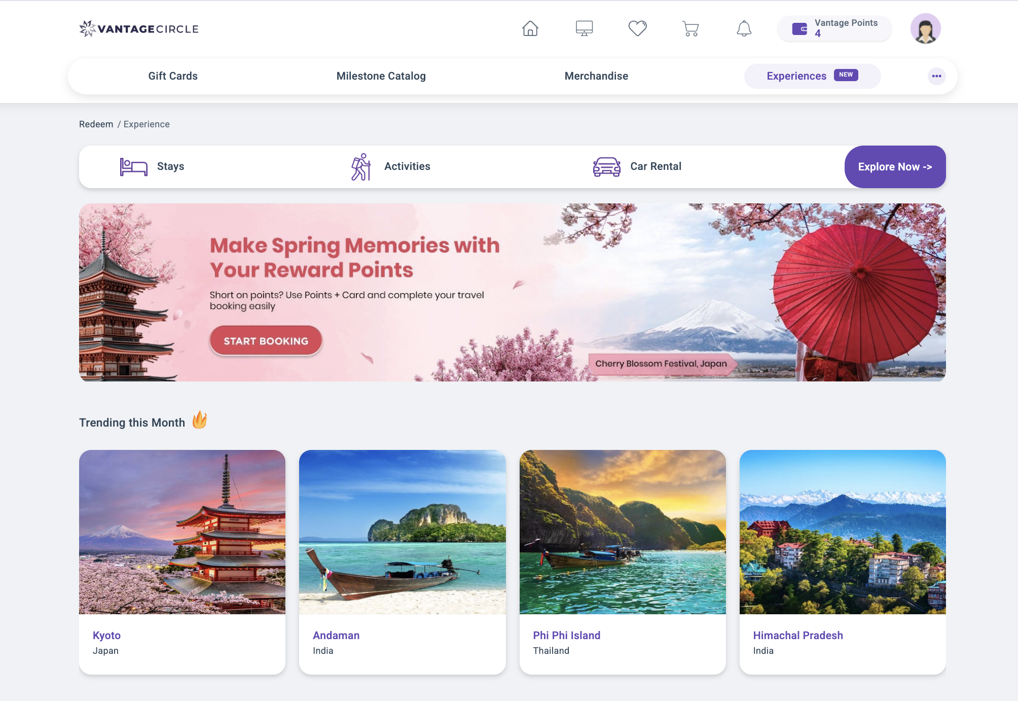 Employee experience rewards on Vantage Perks