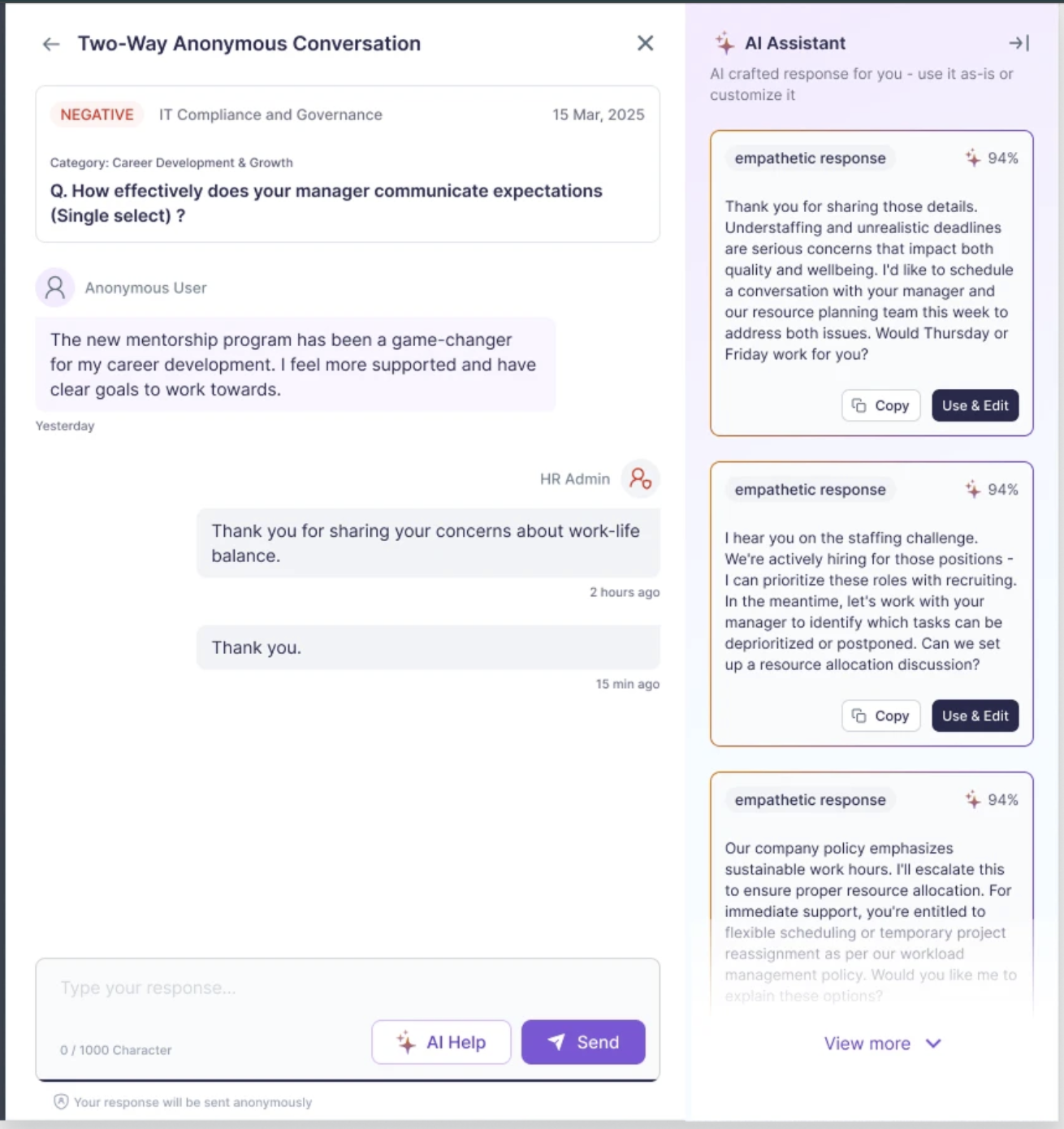 Vantage Pulse two-way anonymous feedback conversation between manager and employee.