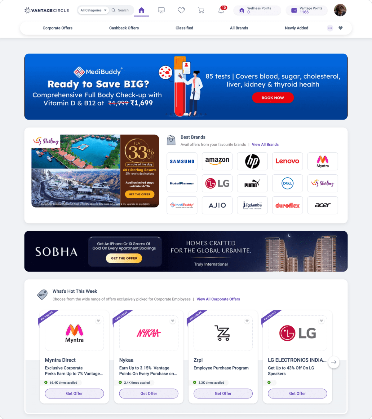 Vantage Perks personalised benefits homepage featuring curated offers, trending deals, and reward points visibility.