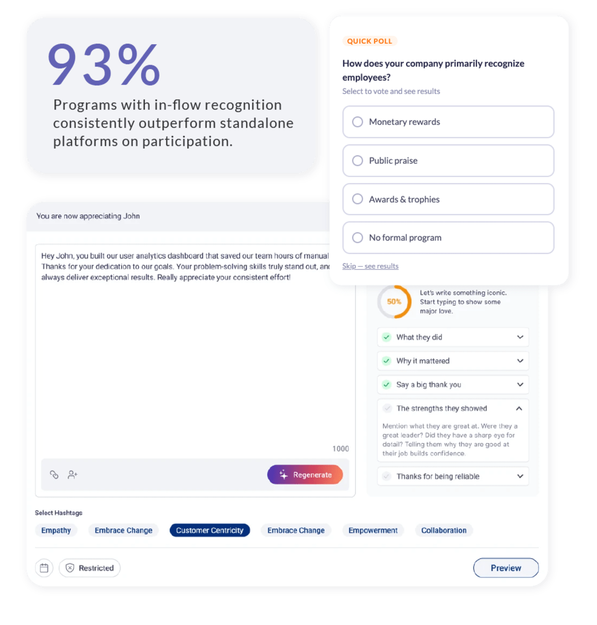 Manager dashboard showing team recognition and AI nudges