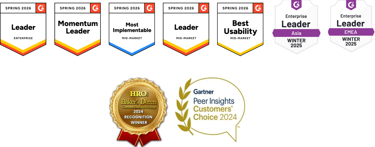 G2 Spring 2026 Leader Enterprise, Momentum Leader, Most Implementable, Leader Mid-Market, Best Usability Mid-Market. G2 Winter 2025 Enterprise Leader Asia and EMEA. HRO Baker's Dozen Recognition Winner 2024. Gartner Peer Insights Customers' Choice 2024.