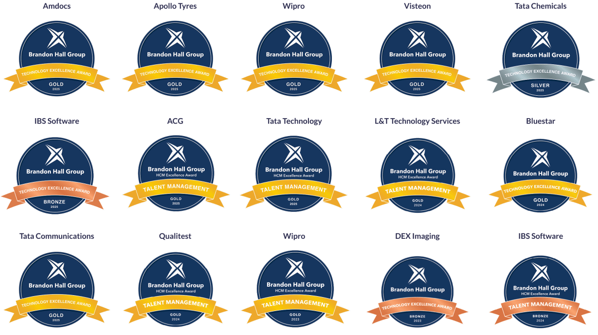 Brandon Hall Group Technology Excellence and HCM Excellence Awards (Gold, Silver, Bronze 2023–2025) for Amdocs, Apollo Tyres, Wipro, Visteon, Tata Chemicals, IBS Software, ACG, Tata Technology, L&T Technology Services, Bluestar, Tata Communications, Qualitest, DEX Imaging.
