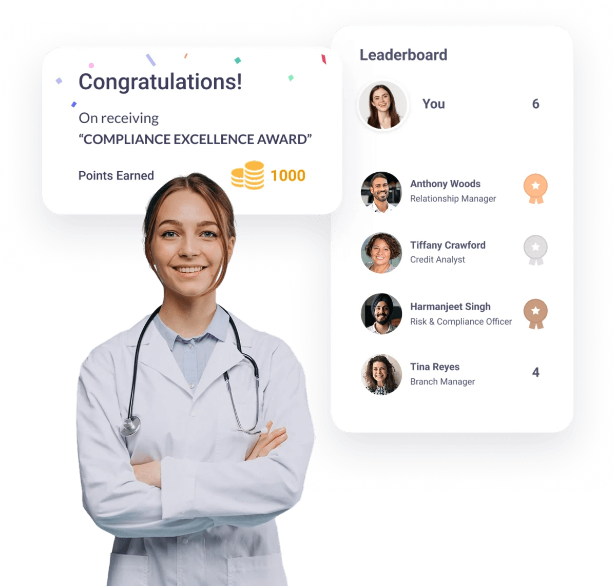 Healthcare recognition leaderboard with doctor receiving Compliance Excellence Award