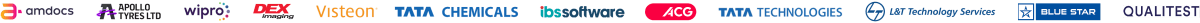 Trusted clients — Amdocs, Apollo Tyres, Wipro, DEX Imaging, Visteon, Tata Chemicals, IBS Software, ACG, Tata Technologies, L&T Technology Services, Blue Star, Qualitest