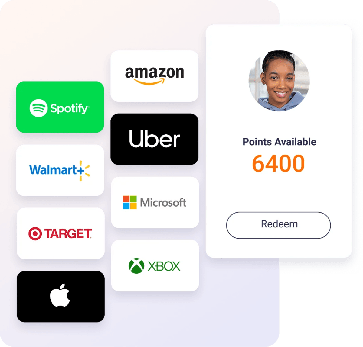 Global rewards catalog showing brands like Amazon, Spotify, Uber, Walmart, Microsoft, Target, Xbox, and Apple with points redemption