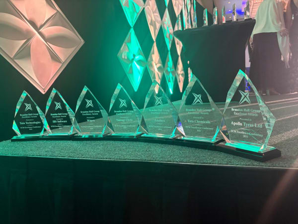 Brandon Hall Group Excellence Awards trophies — Tata Technologies, IBS Software, Wipro, Vantage Circle, Amdocs, Tata Chemicals, Apollo Tyres, HCM Excellence Conference 2026