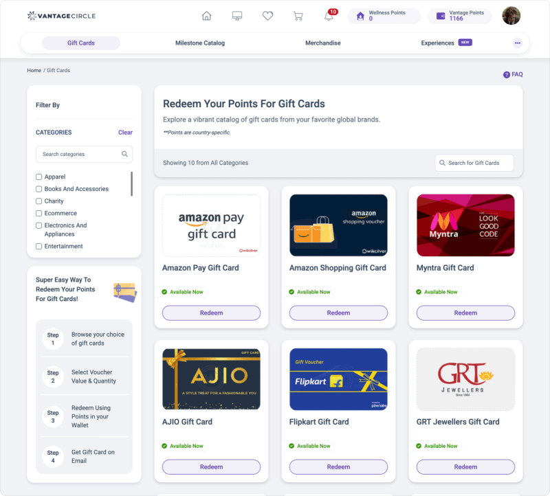 Vantage Perks gift card redemption screen with category filters and points-based voucher selection.
