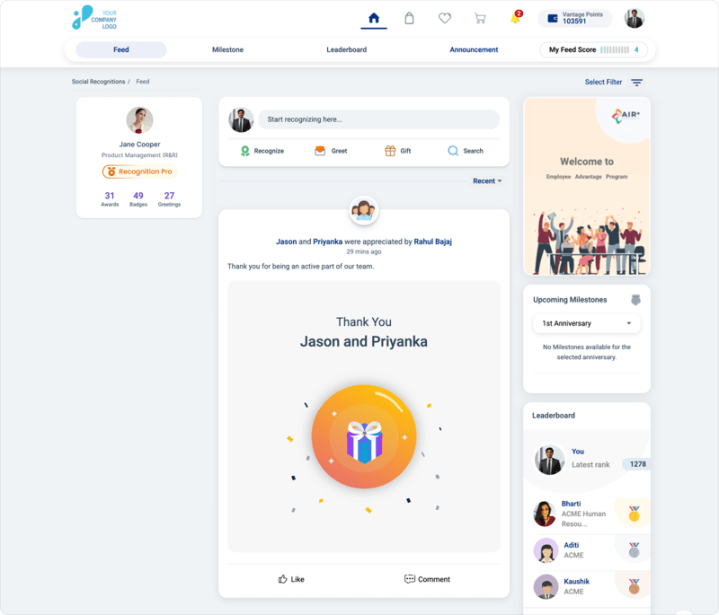 Vantage Rewards social recognition feed displaying appreciation posts, badges, comments, and leaderboard highlights.